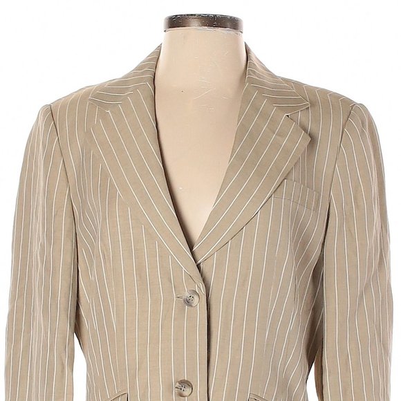 90s Vintage Linen Talbots Tan Pinstriped Blazer Classic Khaki Pinstripe Jacket 8 - Picture 2 of 5